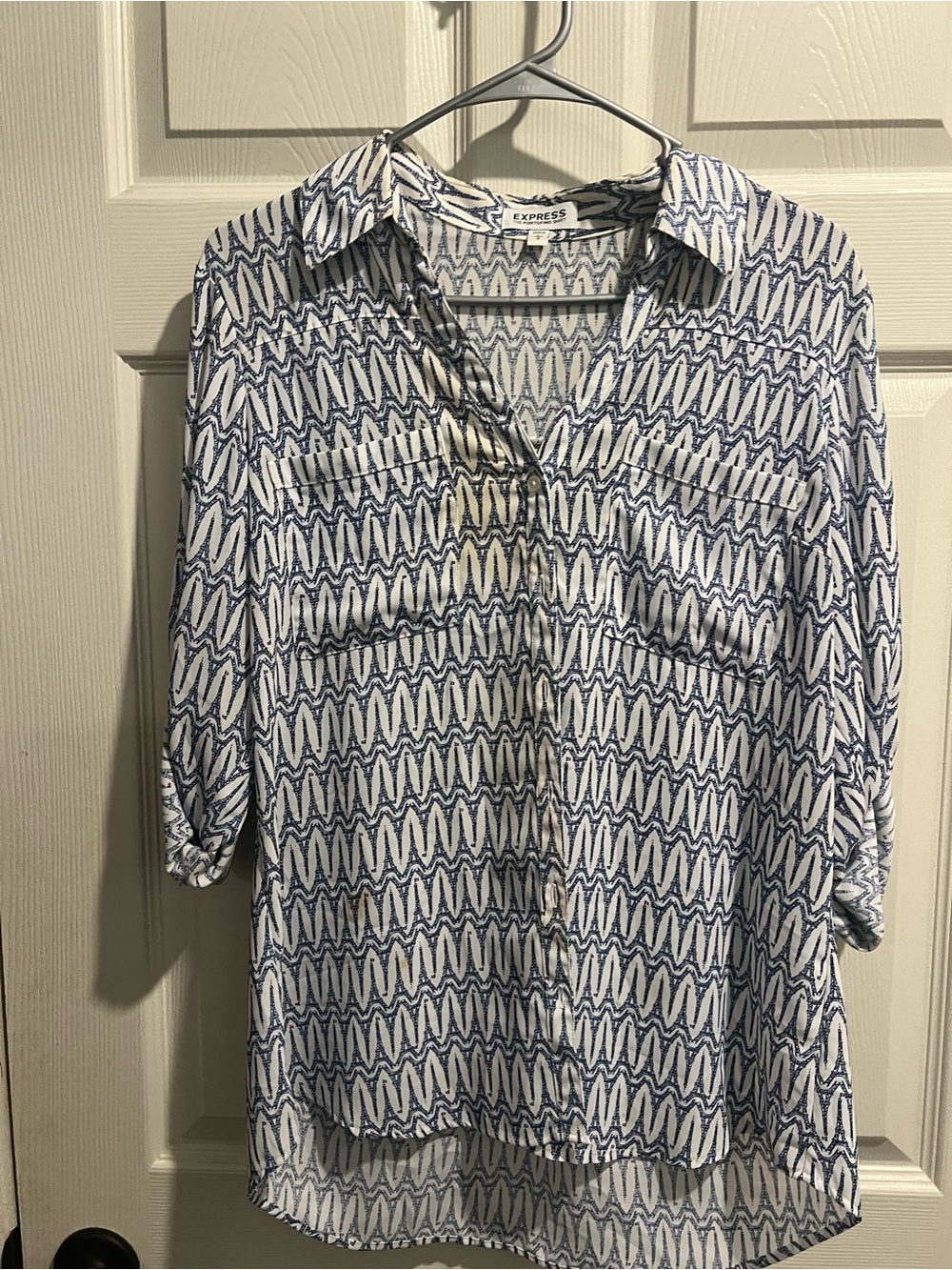 Express Men’s White and Blue Geometric Button-Down Shirt